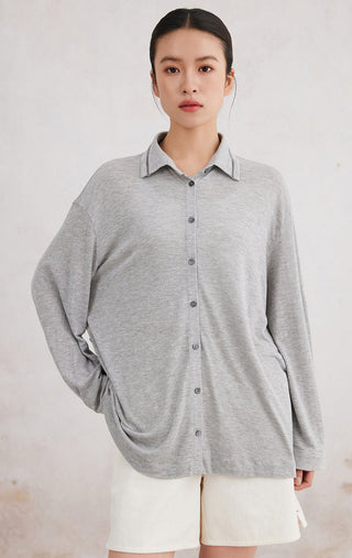 Linen blend button-up shirt with beaded collar trim, light gray, long sleeves, front view
