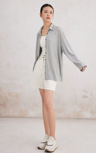 Light gray linen-blend button-up shirt with beaded collar detail, long sleeves