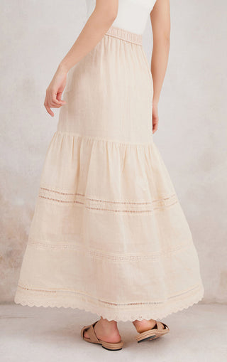 Beige ramie tiered maxi skirt with elastic waistband and tiered embroidery, scalloped edge