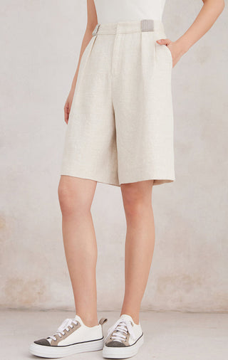 White linen-blend tailored bermuda shorts, pleated waist with beaded detail