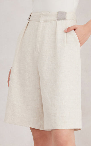 White linen-blend tailored bermuda shorts with pleated front and belt loops