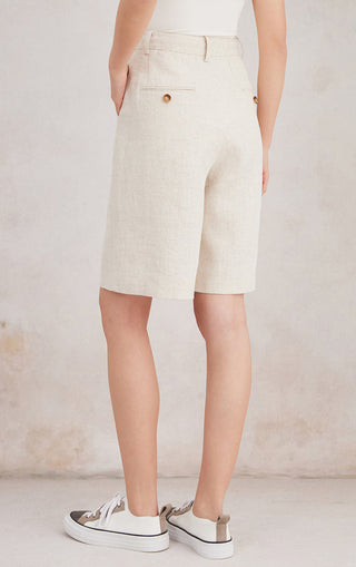 White linen-blend tailored bermuda shorts, front button and straight cuff hem