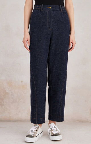 Cotton blend straight-leg trousers, dark denim blue, elastic waist, front patch pockets