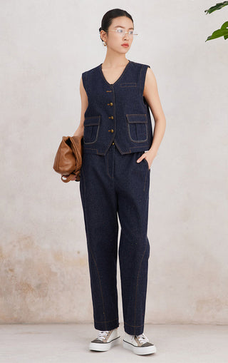 Dark denim blue cotton blend straight-leg trousers with button closure and patch pockets