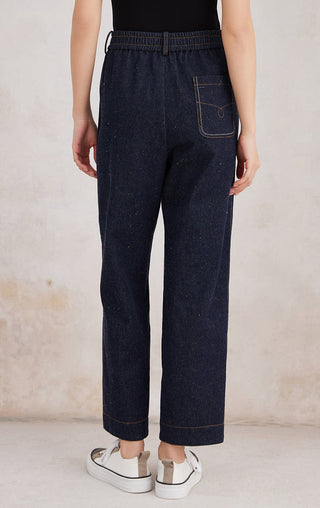 Dark denim blue straight-leg trousers, back view with patch pockets and elastic waist