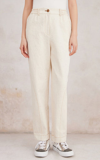 Cotton blend straight-leg trousers, ivory white, elastic waist, front patch pockets