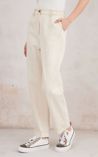 Ivory white cotton blend straight-leg trousers with button front and stitched pocket panels