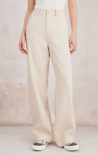 Beige cotton-linen straight-leg pants, front view; wide leg, button closure, belt loops