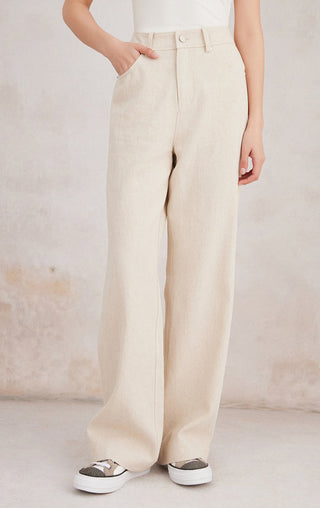 Beige cotton-linen straight-leg pants with button waist, belt loops, front pockets