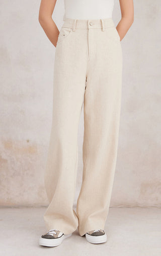 Beige straight-leg pants, full length view; relaxed fit, button waistband, side seams