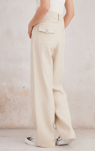Beige cotton-linen straight-leg pants from back/side; flap pocket with button