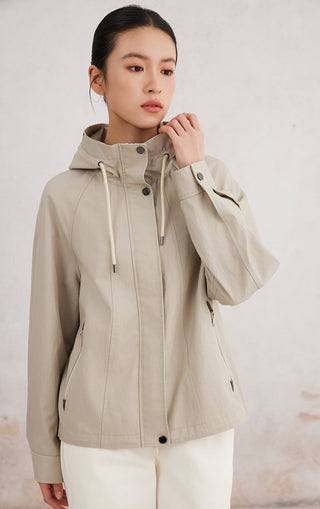 Camel linen hooded zip jacket with drawstring, buttoned placket and side zip pockets