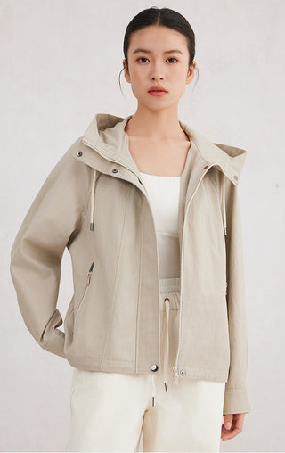 Camel hooded zip jacket with stand collar, front zipper and side drawcord details