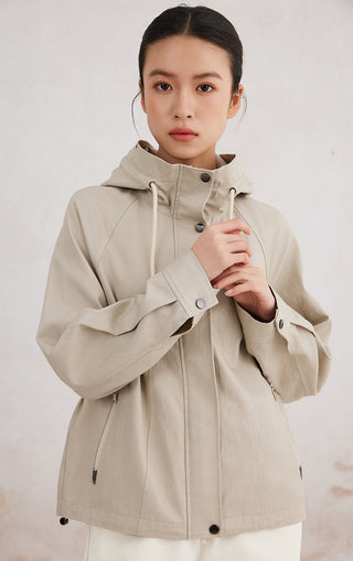 Camel hooded zip jacket with snap cuff tabs, drawstring hood and front zipper