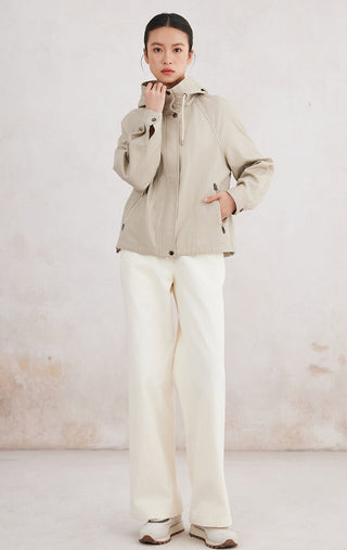 Camel hooded zip jacket with two front pockets and adjustable hood, cropped length
