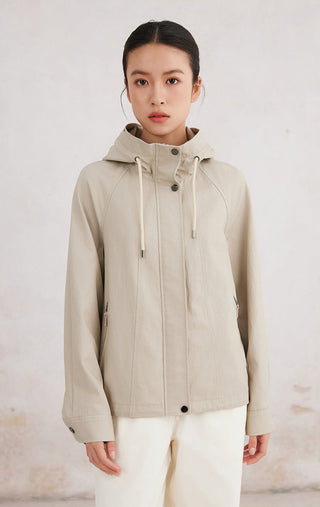 Camel linen hooded zip jacket with drawstring hood and front zipper, snap buttons
