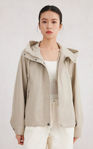 Camel hooded zip jacket with front snaps and zipper, side pockets, relaxed fit