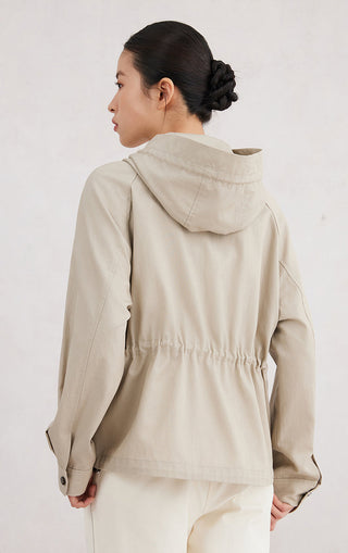 Camel linen hooded zip jacket back view with adjustable hem and snap closure