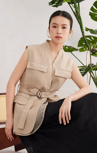 Camel sleeveless belted vest with V-neck, flap pockets, and adjustable waist belt