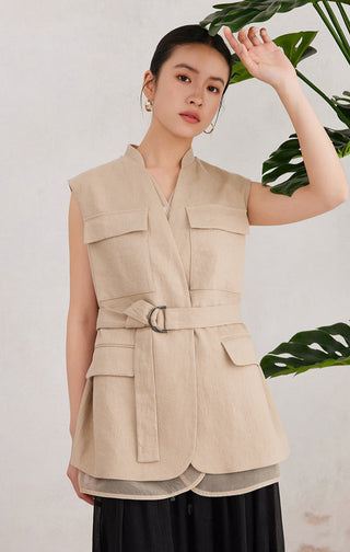 Linen Sleeveless Belted Vest - serathinan 