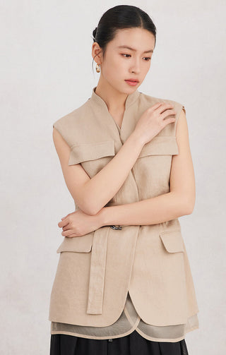 Camel linen sleeveless belted vest detail: patch pockets, V-neck, waist tie belt
