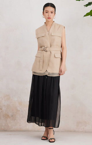 Camel sleeveless belted linen vest with chest flaps, patch pockets, and long waist belt