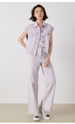 Light purple cotton wide-leg pants with wide hems and front button closure