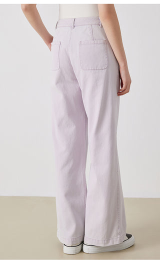 Light purple cotton wide-leg pants with side pockets and stitched seam details