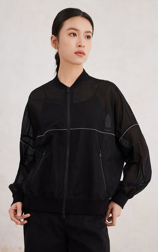Black zip-up hoodie with contrast piping stripe, front view, long sheer sleeves
