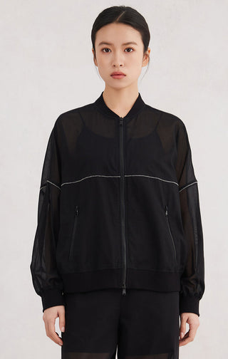 Black zip-up hoodie with stand collar, contrast piping, front zip and pockets