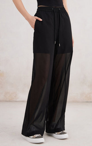 Black wide-leg casual pants with elastic waist drawstring and sheer side panels
