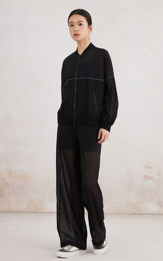 Black casual pants, elastic drawstring waist, sheer straight-leg panels, relaxed fit