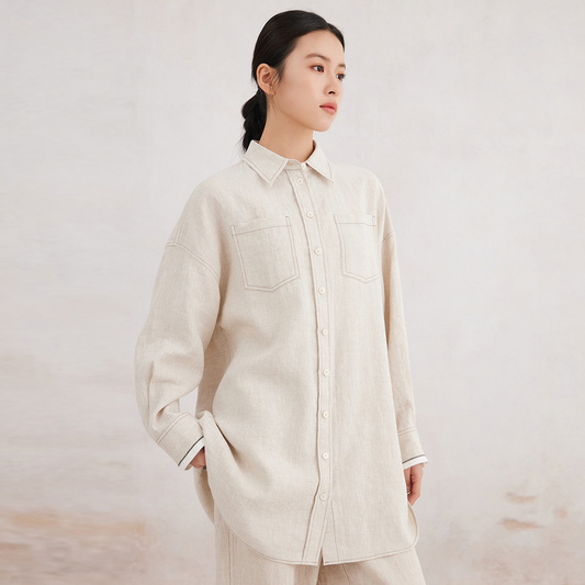 2025 Women's linen cotton mid-length loose shirt