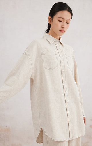 Beige linen button-front shirt, contrast cuffs, long sleeves and yoke seams