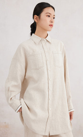 Beige linen button-front shirt with contrast cuff trim and chest pockets