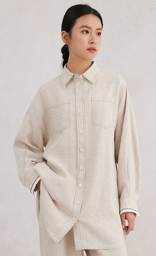 Beige linen button-front shirt, contrast cuffs, two chest flap pockets