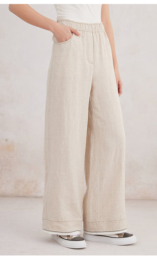 Beige linen wide-leg pants with gathered elastic waist and straight relaxed fit