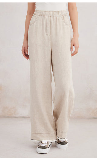 Beige linen wide-leg pants with elastic waistband and side seam details