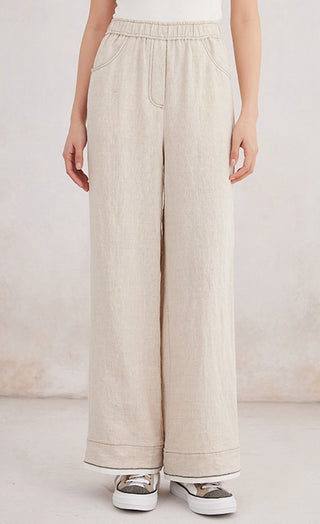 Beige linen wide-leg trousers with elastic waist and relaxed straight legs