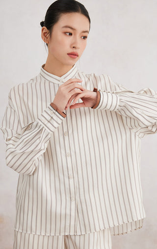 Ivory silk striped stand-collar button shirt, long sleeves with striped cuffs