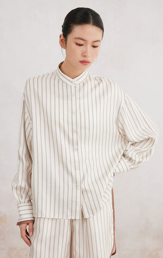 Ivory silk striped stand-collar button shirt, vertical stripes, button-front placket