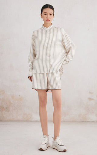Ivory silk striped stand-collar button shirt with vertical stripes, long sleeves