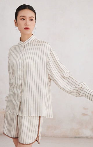 Ivory silk striped stand-collar button shirt, side view, vertical pinstripes