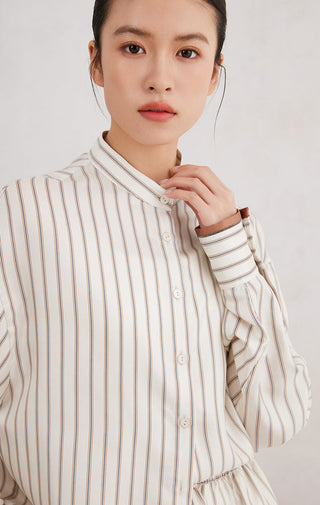 Ivory silk striped stand-collar shirt with button placket, vertical pinstripes