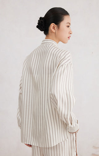 Ivory silk striped stand-collar button shirt, back view, vertical thin stripes