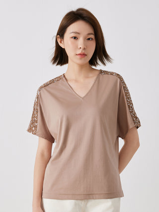 Khaki cotton V-neck top with sequin-trimmed shoulders, short sleeves