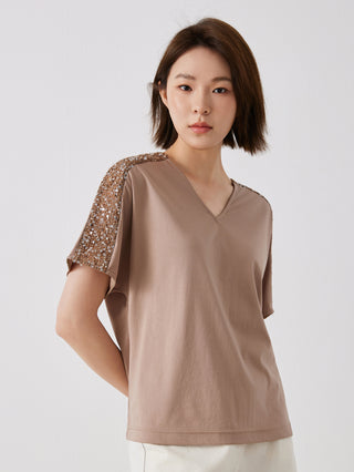 Khaki cotton V-neck top with sequin-trimmed shoulder panels and short sleeves