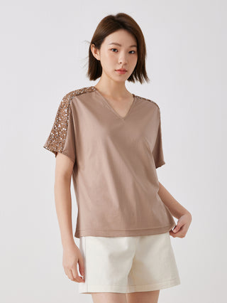Khaki cotton V-neck top with sequin shoulder trim and short sleeves