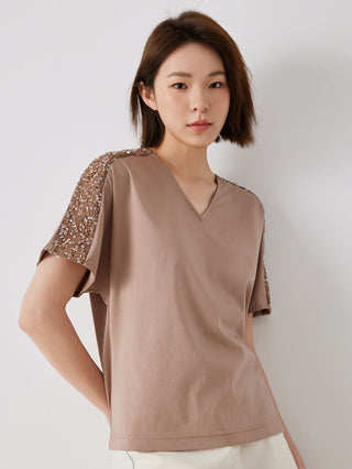 Khaki cotton V-neck tee with sparkling sequin shoulder trim and short sleeves