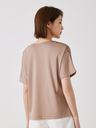 Khaki cotton V-neck top, back view with sequin shoulder trim, short sleeves